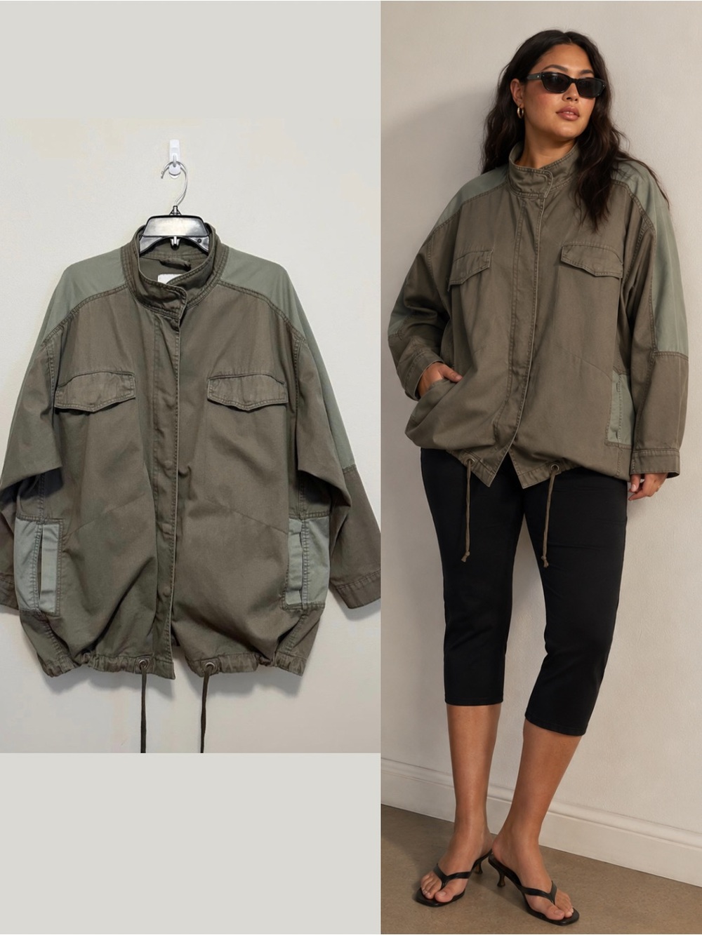 Pull & Bear Utility Bomber Jacket Olive Green Oversized Large Funnel Neck Fall